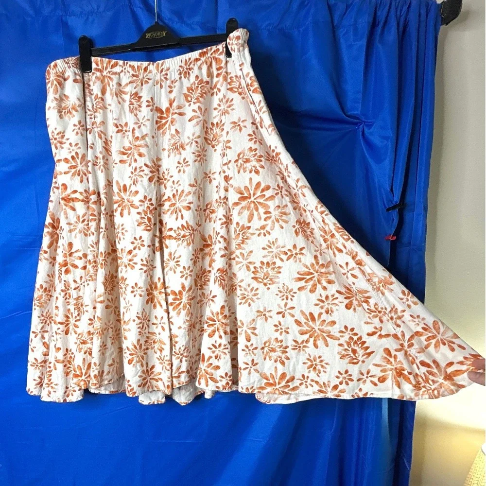 Womens Floral Linen Midi Skirt Sz 2X Plus Size Flowy Resort Pull-On Cottagecore